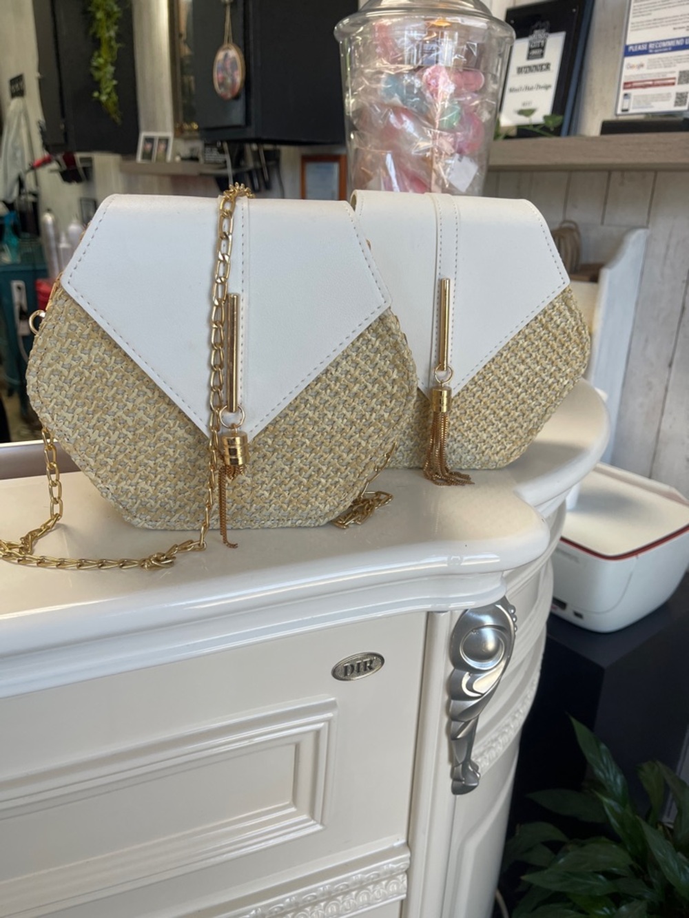 Woven Straw Crossbody Bag with White Flap and Gold Chain
